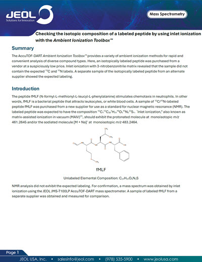 Checking the isotopic composition of a labeled peptide by using inlet ionization with the Ambient Ionization Toolbox™